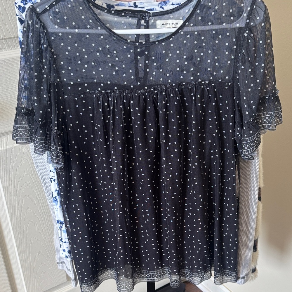 Max Studio Black Sheer Polka Dot Flutter Sleeve Top